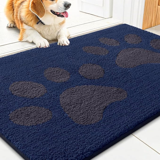 Smiry Dog Door Mat for Muddy Paws, Absorbs Moisture and Dirt, Low-Profile Entryway Mat with Non-Slip Backing, Entry Indoor Outdoor Doormat for Inside Floor (30x20 Inches, Navy Blue, Paw)