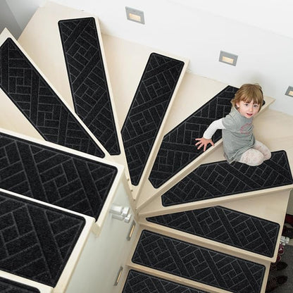 15 Pack 8 "X 30" Non-Slip Carpet Stair Treads for Indoor Wooden Steps, Made of Polyester and Reusable Adhesive, Suitable for Kids Elders and Pets（Black Lines）
