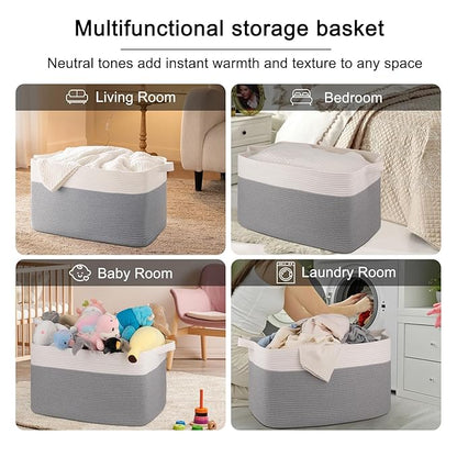 OIAHOMY Extra Large Blanket Basket, 95L Woven Storage Basket, Cotton Rope Toy Bin for Baby Room, Container for Storage in Living Room, 24''×17''×14'', Grey & White