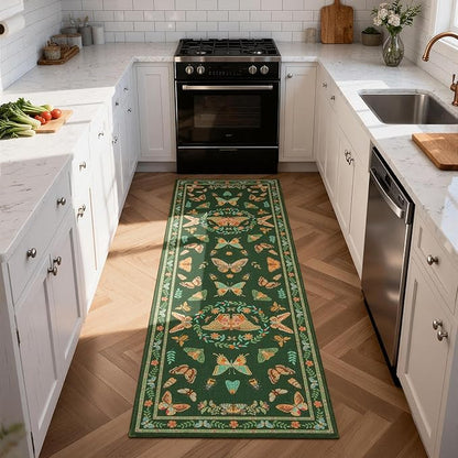 Unirea 2x6 Dark Green Runner Rug, Washable Non Slip Insect Botanical Rug for Hallway, Kitchen, Bathroom, Laundry Room, Entryway, Bedroom, Soft Boho Door Mat Indoor Entrance Bug Rugs, Low Pile Carpet