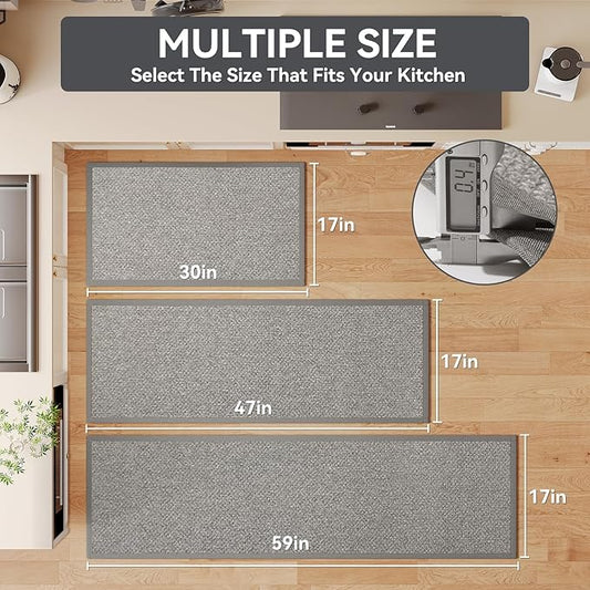 Kitchen Rugs Mat Non Slip Washable, 0.4" Thick Anti Fatigue Cushioned Kitchen Mats for Floor, Absorbent Jute-Look Kitchen Runner Rug Sink Mat Laundry Standing Mats, Easy Clean, Gray 17"x47"