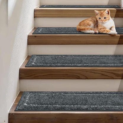 Non Slip Microfiber Stair Treads for Wooden Steps, 15PCS 8"x30" Indoor Safety Carpet, 3D Cut & Loop Tufted Edging Mats with TPE Adhesive Backing, Pet & Elderly Friendly Stair Rugs (Charcoal Border)