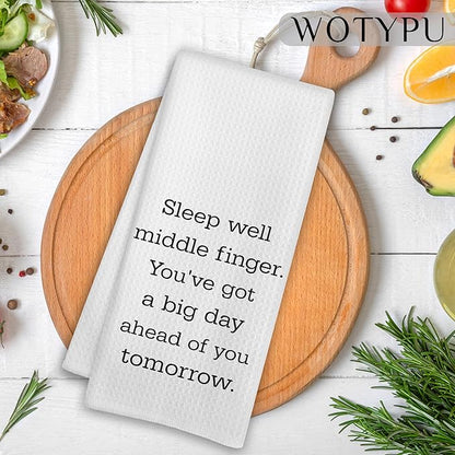 Funny Kitchen Towels, Sarcastic Gifts Dish Tea Towels, Sleep Well Middle Finger Humorous Decorative Hand Towel for Bathroom, Funny Bathroom Decor, 16x24 Inch