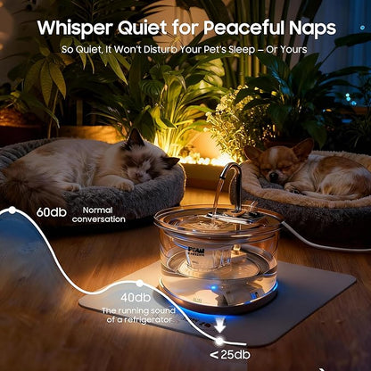Ultra-Quiet Clear Glass Pet Fountain - 70oz/2.1L for Small Dogs & Cats,Automatic Water Dispenser with 3-Stage Filter & 3 Spray Heads | Dishwasher Safe,Indoor Use