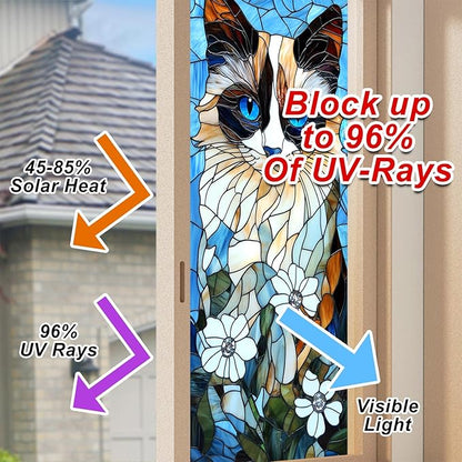 Privacy Window Film Cat Design Decorative Window Cling Stained Glass Style Static Cling Glass Sticker for Cabinet Bathroom Kitchen Door Panel 17.7 x 39.3 Inch