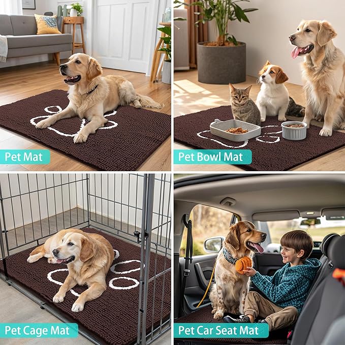 Smiry 2 Piece Dog Door Mat for Muddy Paws, Absorbent Dirt Trapper Non Slip Quick Dry Washable Chenille Mat for Mud Dogs, Entry Rug for Indoor and Outdoor (30x20 Inches, Brown)