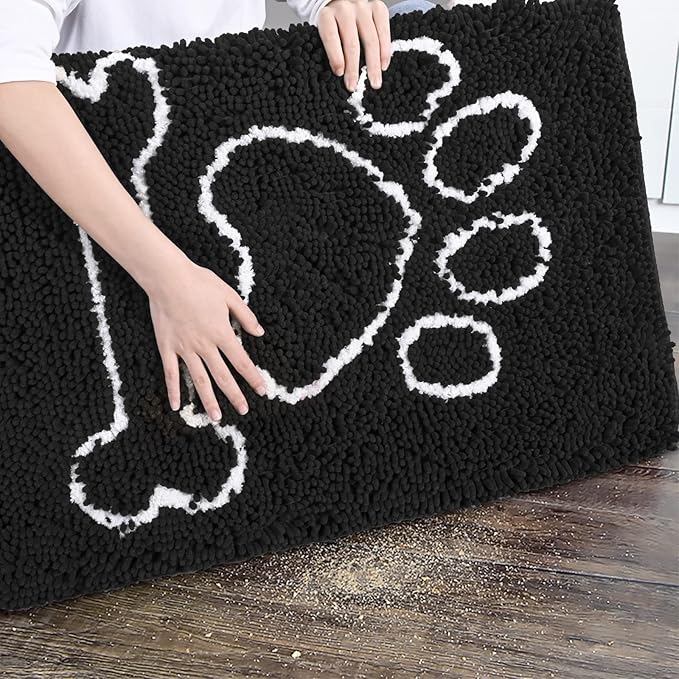 AROGAN Doormat Dog Chenille Doormats Indoor Entrance Black, Pet Indoor Door Mats Washable for Mud Entry Busy Area Dogs Muddy Pawprints 24x36 Inch