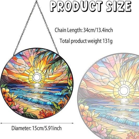 Beach Sunset Sun Catcher Stained Glass Window Hanging 6'', Beach Lovers Gifts for Women Kitchen Decor Landscape Decoration for Home Garden Housewarming Gifts