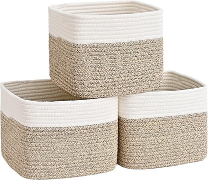 3 Pack Cube Storage Bin, 9”x9”x7” Cotton Rope Woven Baskets for Organizing Toys Clothes Towels, Square Gift Storage Baskets for Shelves, Nursery, Closet, Bathroom, Pantry (White & Jute)