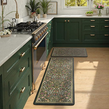 Collive Kitchen Mats for Floor 2PCS, Cushioned Anti Fatigue Rugs Non-Slip Waterproof Kitchen Sink Mat, Green Floral Standing Mat for Bar, Office, Desk, Home Decor