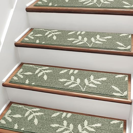 Carpet Stair Treads, Non-Slip Stair Treads for Wooden Steps Indoor, 30”x8” Stair Runner for Pets Non Skid Wood Staircase Step Treads Reusable, Set of 15, Green