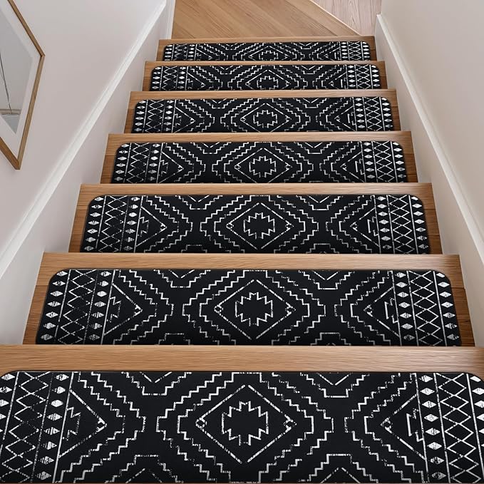 OJIA Boho Stair Treads Non-Slip Stair Runners for Wooden Steps Indoor 15PCS 30"x8" Washable Carpet Stair Treads Stair Mats Staircase Step Treads for Kids, Elders and Dogs, Stair Covers, Black
