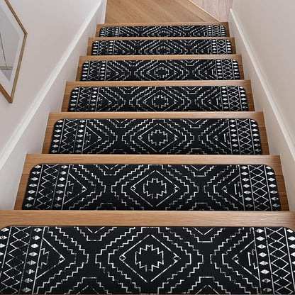 OJIA Boho Stair Treads Non-Slip Stair Runners for Wooden Steps Indoor 15PCS 30"x8" Washable Carpet Stair Treads Stair Mats Staircase Step Treads for Kids, Elders and Dogs, Stair Covers, Black