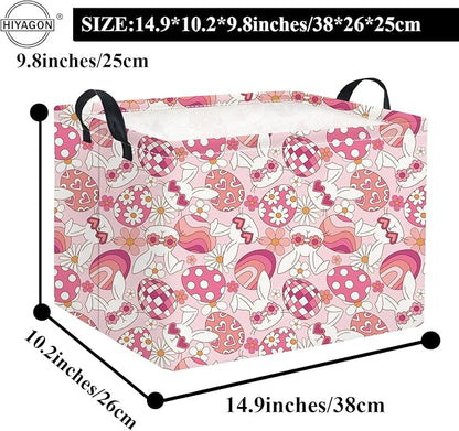 HIYAGON Rectangular Easter Basket Pink Bunny Easter Basket for Kids Gift Basket Empty Baby Girl Storage Baskets Toy Basket Cute Storage Bin Organizer Box Bunny Room Decor for Books(Pink Bunny)