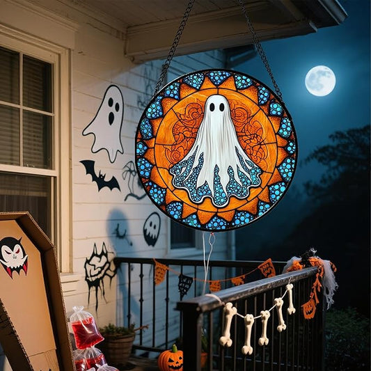 Stained Glass Window Hanging - Halloween Decorations White Ghost Suncatcher for Doors Garden Indoor Spooky Funny Blue Sun Catchers Gothic Decor Horror Gifts for Women Men Friend 9.8 in