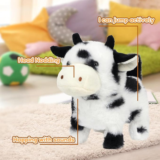 Easfan Walking Black Cow Interactive Electronic Pet Plush Toy with Sounds and Movements Moving Educational Plush Toy Easter Birthday Gifts for Kids Girls, 7'',Black