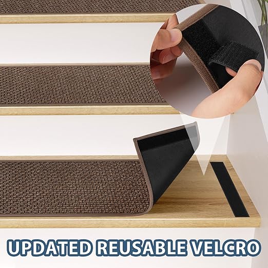 Peel and Stick Self Adhesive Jute Carpet Stair Treads, 15 Pack Rubber Backed Basement Safety Stair Mats, Non Slip Stair Cover Step Pads for Stairs, Light Brown