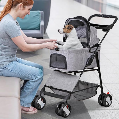 4 Wheels Foldable Pet Dog Cat Jogger Stroller Travel Carrier Strolling Cart w/Waterproof Cover Storage Basket Cup Holder & Detachable Carrier for Medium Small Cat Dog, Grey