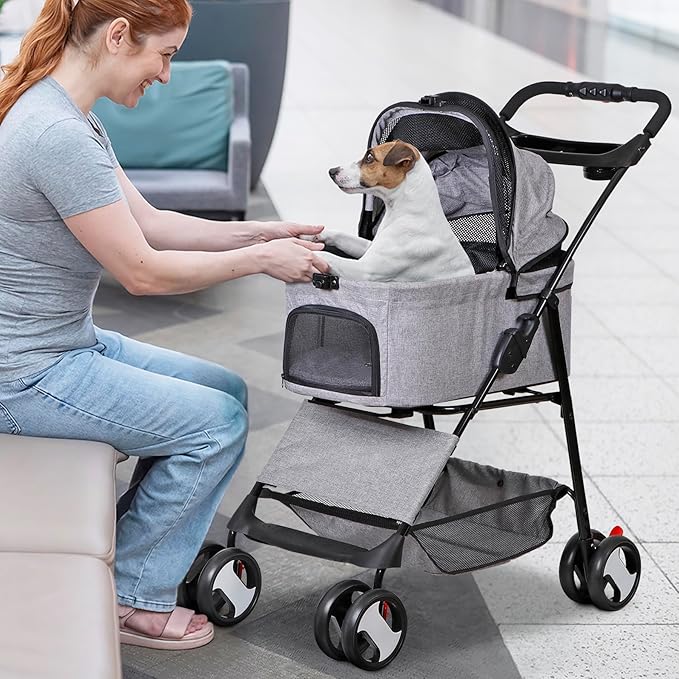 4 Wheels Dog Stroller Folding Pet Strolling Cart for Small Medium Cats Puppies with Storage Basket Cup Holder Detachable Carrier, Gray