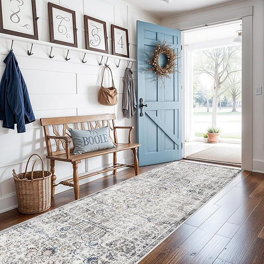 Hallway Washable Runner Rug - 2'6x12 Kitchen Runner Rugs with Non Slip Backing Indoor Farmhouse Carpets for Living Room Bedroom Vintage Distressed Mat Floor Decoration Carpet (2'6''x12', Brown)