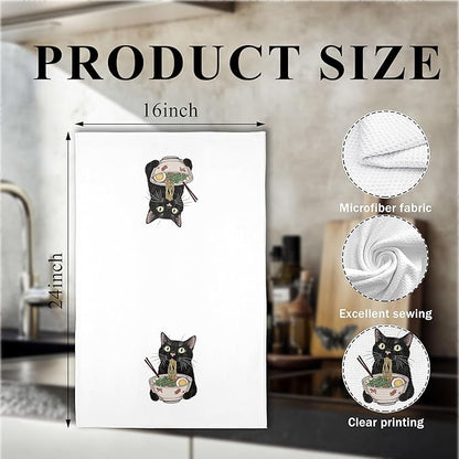 Funny Noodle Black Cat Kitchen Towels, Black Cat Mom Lady Gifts for Women Dish Tea Towels, Pet Lover Gifts Hand Towels for Kitchen, 16x24 Inch