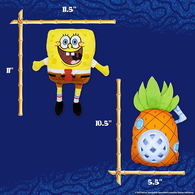 design LAB, Inc. Spongebob Squarepants Official Merchandise | Squeaky Plush Toys for Dogs | 2-Pack Spongebob & Pineapple Toys with Squeaker & Treat Dispenser | Cubby Hole to Hide Treats