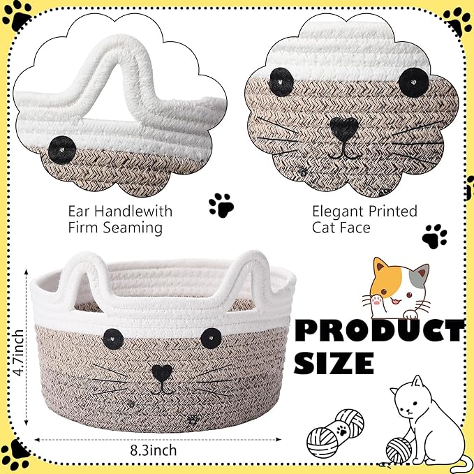 Zopeal Cat Basket Storage Woven Organizer with Ears Easter Decorative Pet Toy Cute Cotton Rope Basket for Gift Cat Dog Toy Bin Nursery Room(8.3 x 4.7 Inch,Gradient Khaki)