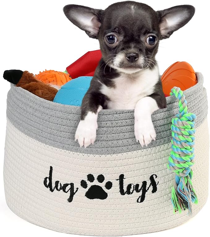 PrimePets Cotton Rope Dog Toy Basket, Small Basket with Handles, Woven Storage Bin for Dogs Pets, 15x10x9 inch Pet Basket Container Holder for Toys, White and Grey