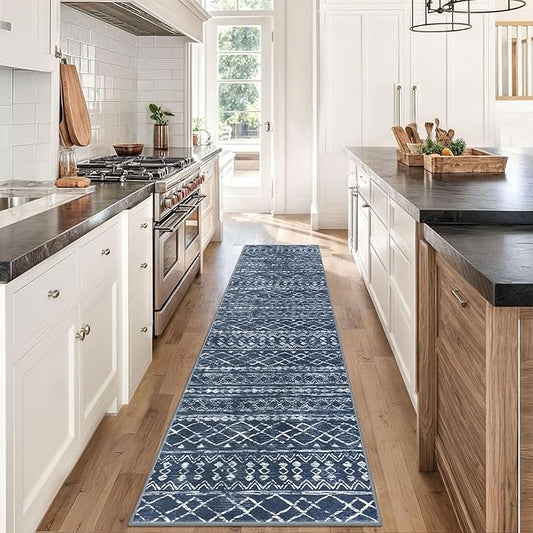KUTA Boho Runners for Hallways 2x8 Navy Blue Moroccan Washable Runner Rug Non-Slip Vintage Kitchen Rugs Ultra Soft Distressed Geometric Floor Carpet for Bedroom Laundry Living Room