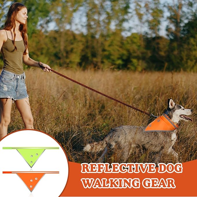2 Pcs Reflective Dog Bandana High Visibility Neon Orange Green Dog Reflective Scarf Bibs Scarf Safety Accessories for Camping Night Walking Off Leash Exploration