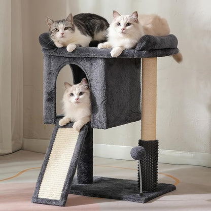 Small Cat Tree Tower for Large Cats with Spacious Top Bed 20x13.8”Private Cat Condo,Sisal Scratching Post and Ramp and Self Groomer and Spring Ball-Dark Grey