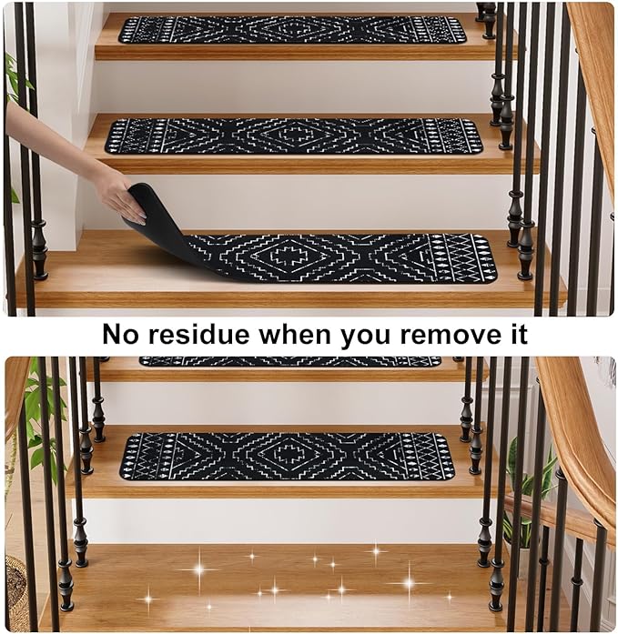 OJIA Boho Stair Treads Non-Slip Stair Runners for Wooden Steps Indoor 15PCS 30"x8" Washable Carpet Stair Treads Stair Mats Staircase Step Treads for Kids, Elders and Dogs, Stair Covers, Black