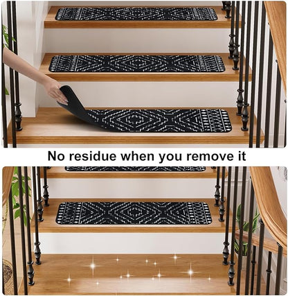 OJIA Boho Stair Treads Non-Slip Stair Runners for Wooden Steps Indoor 15PCS 30"x8" Washable Carpet Stair Treads Stair Mats Staircase Step Treads for Kids, Elders and Dogs, Stair Covers, Black