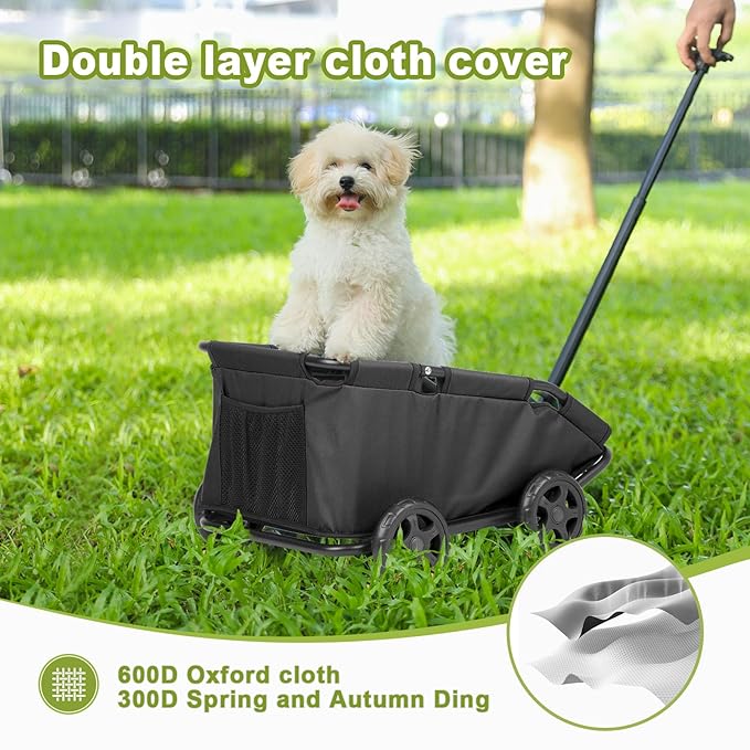 Mini Dog Strollers for Mini Pets, Foldable Multifunctional Shopping Carts with Extendable Pull Handle, Doggie Wagon Built-in Cushion and Safety Rope with Storage Bag (Black)