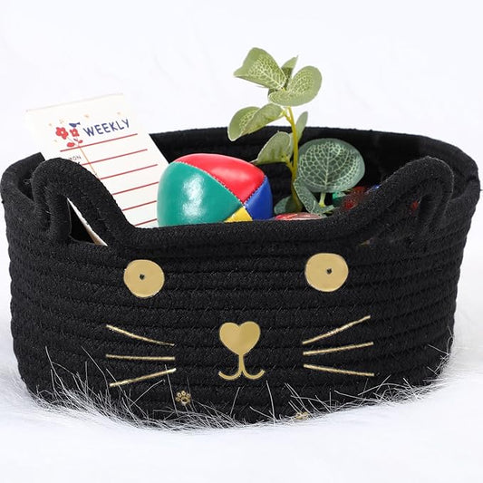 Zopeal Cat Basket Storage Woven Organizer with Ears Easter Decorative Pet Toy Cute Cotton Rope Basket for Gift Cat Dog Toy Bin Nursery Room(8.3 x 4.7 Inch,Black)
