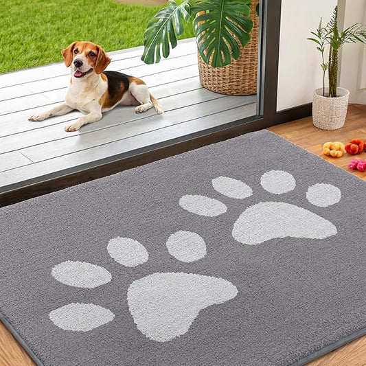 Smiry Dog Door Mat for Muddy Paws, Absorbs Moisture and Dirt, Low-Profile Entryway Mat with Non-Slip Backing, Entry Indoor Outdoor Doormat for Inside Floor (40x32 Inches, Light Grey, Paw)