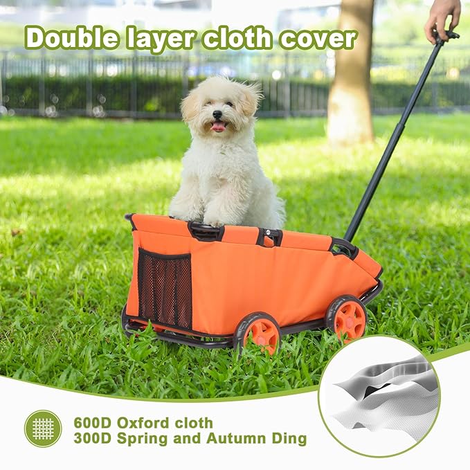 Mini Dog Strollers for Mini Pets, Foldable Multifunctional Shopping Carts with Extendable Pull Handle, Doggie Wagon Built-in Cushion and Safety Rope with Storage Bag (Orange)