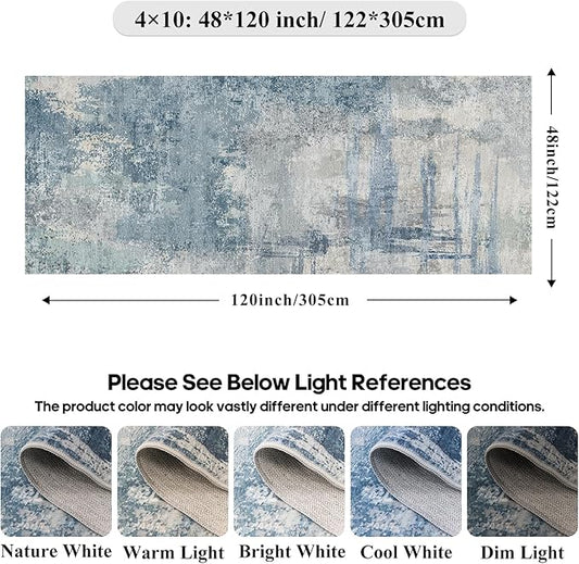 Washable Wide Runner Rug 4x10 : Modern Abstract Hallway Rugs - Non-Slip Thin Rug for Kitchen, Living Room, Bedroom - Easy Clean Carpet for Long Spaces - Soft Low Pile Floor Mat 4x10 Blue