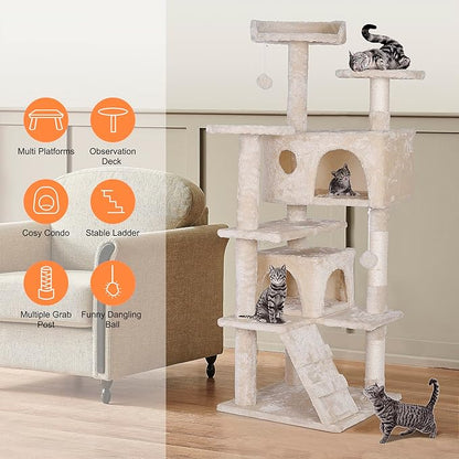 53 inches Heavy Duty Multi-Level Cat Tree Tower with Condo Furniture & Scratching Posts for Kittens Play Rest (Beige)