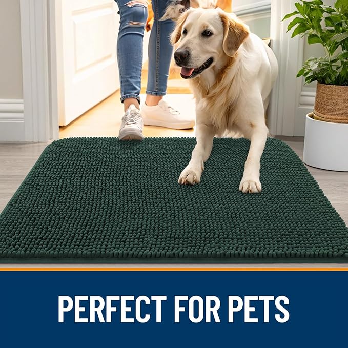 OLANLY Dog Door Mat for Muddy Paws 70x35, Absorbs Moisture and Dirt, Absorbent Non-Slip Washable Doormat, Quick Dry Chenille Mud Mat, Entry Indoor Entryway Carpet for Inside Floor, Blackish Green