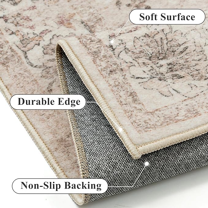 Washable Runner Rug 2x8 for Hallway Beige Vintage Long Carpet Soft Low Pile Non Slip Throw Rug Floral Distressed Accent Rug for Entryway Bathroom Office Laundry Dining Room