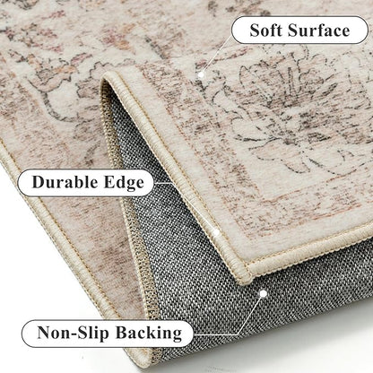 Washable Runner Rug 2x8 for Hallway Beige Vintage Long Carpet Soft Low Pile Non Slip Throw Rug Floral Distressed Accent Rug for Entryway Bathroom Office Laundry Dining Room