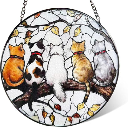 Cat Suncatcher Stained Glass Window Hanging (7.8 in) - Gifts for Cat Lovers Women Mom Grandma Friend Teacher Birthday and Housewarming Wall Art Decor for Kitchen Living Room Indoor Windows