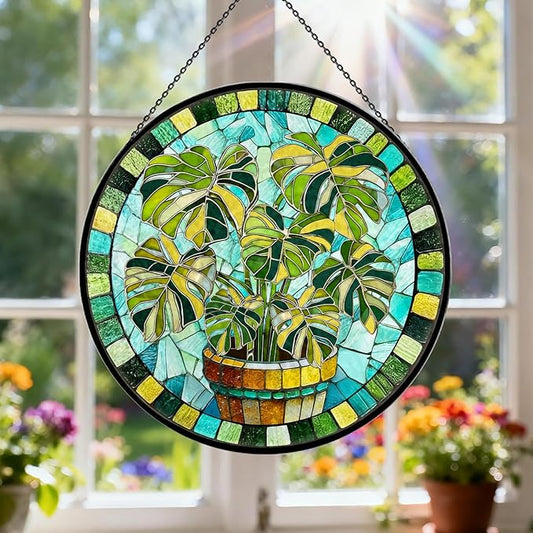 Stained Glass Suncatcher for Window, 7.9" Green Monstera Leaf Sun Catcher Hanging, Colorful Glass Panel Decor for Birthday, Christmas, Housewarming Gifts for Women & Men