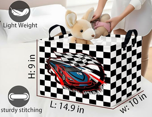 Large Boys Checkered Basket Canvas Kids Toy Storage Bin Nursery Baby Organizing Decor (Check Racing Car)