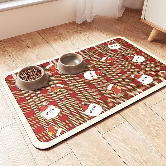 Pet Feeding Mat-Absorbent Pet Placemat for Food and Water Bowl, with Waterproof Rubber Backing, Quick Dry Water Dispenser Mat for Dog and Cat (27"x17", Christmas)