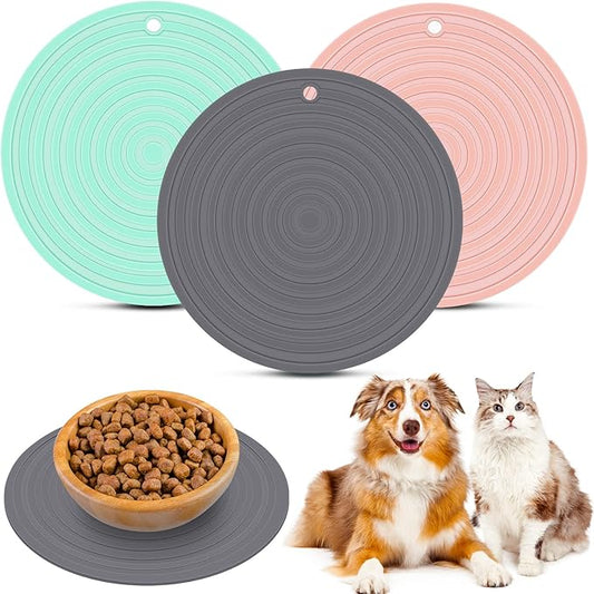 3 Pieces Silicone Pet Food Mat Feeding Mat for Dog and Cat Bowl Placemat Preventing Food and Water Overflow Suitable for Medium and Small Pet(9.5 Inch,Pink, Green, Gray)