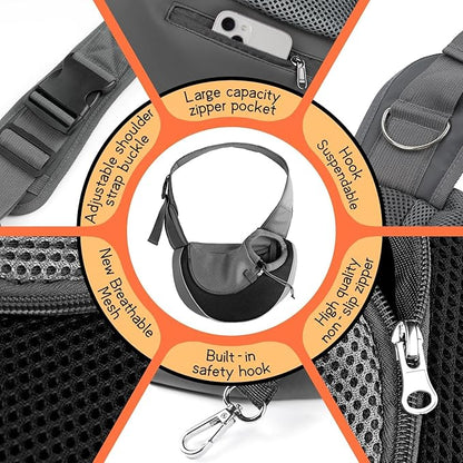 YUDODO Pet Sling Carrier for Small Dogs & Cats – Hands-Free Puppy Carrier with Safety Hook, Large Zipper Pocket, Soft Breathable Mesh, Adjustable Strap & Reflective Strip (Black 1.0 S)