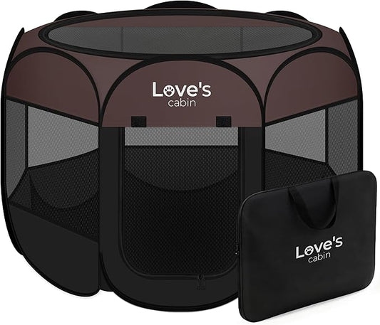 Love's cabin Pet Puppy Dog Playpen, Small Dog Tent Crates Cage Indoor/Outdoor, Portable Playpen for Cat, Foldable Pop Up Dog Kennel Playpen with Carring Case, Removable Zipper Top, Brown
