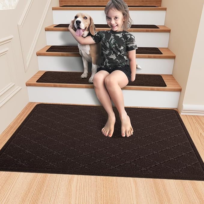 Non Slip Stair Treads Landing Rug for Wooden Steps Indoor, 20"X32" Landing Slip Resistant Stair Rugs for Kids and Dogs, Polyester Stair Landing Mat,Brown